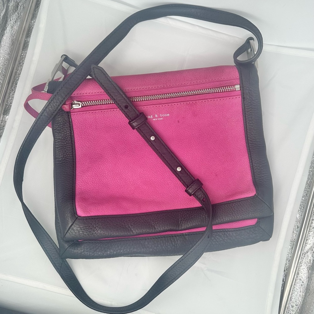 Rag and Bone Black pebbled leather and Bright Pink suede Women's Shoulder Bag